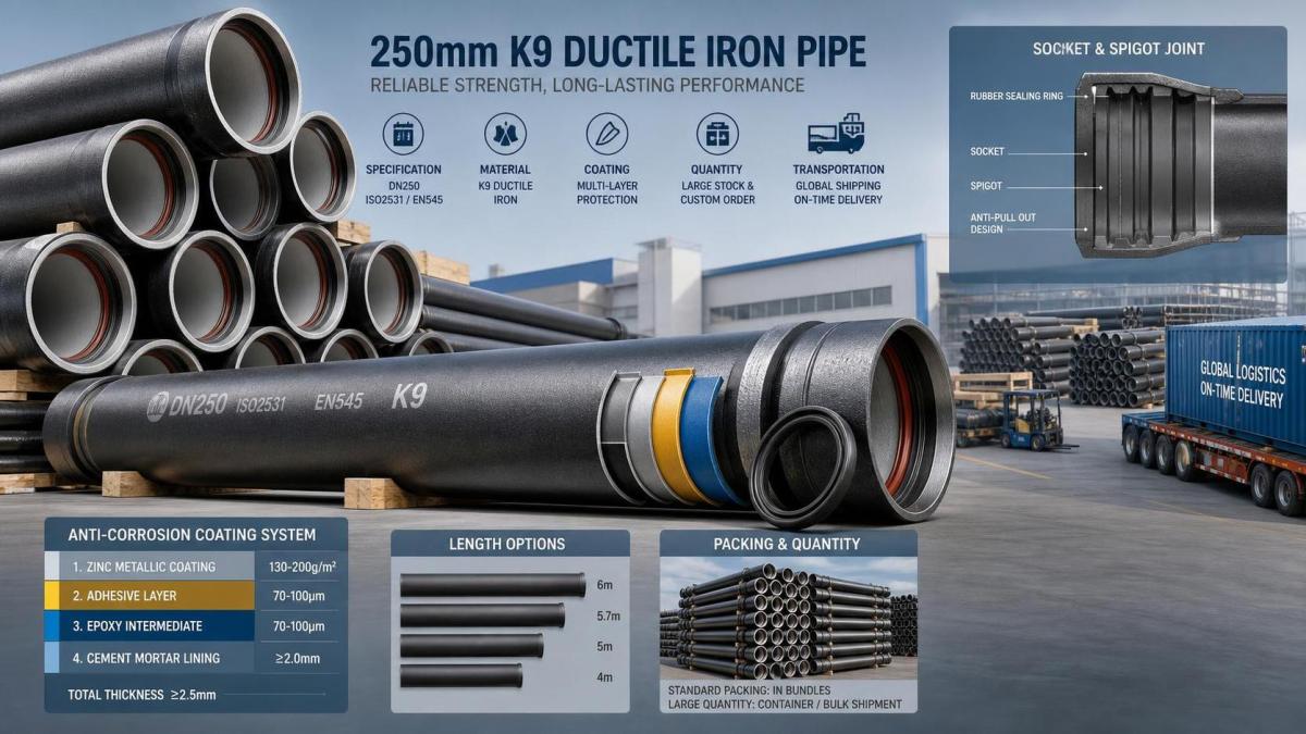 Wat is de prijs van een nodulair gietijzeren buis van 250 mm K9?