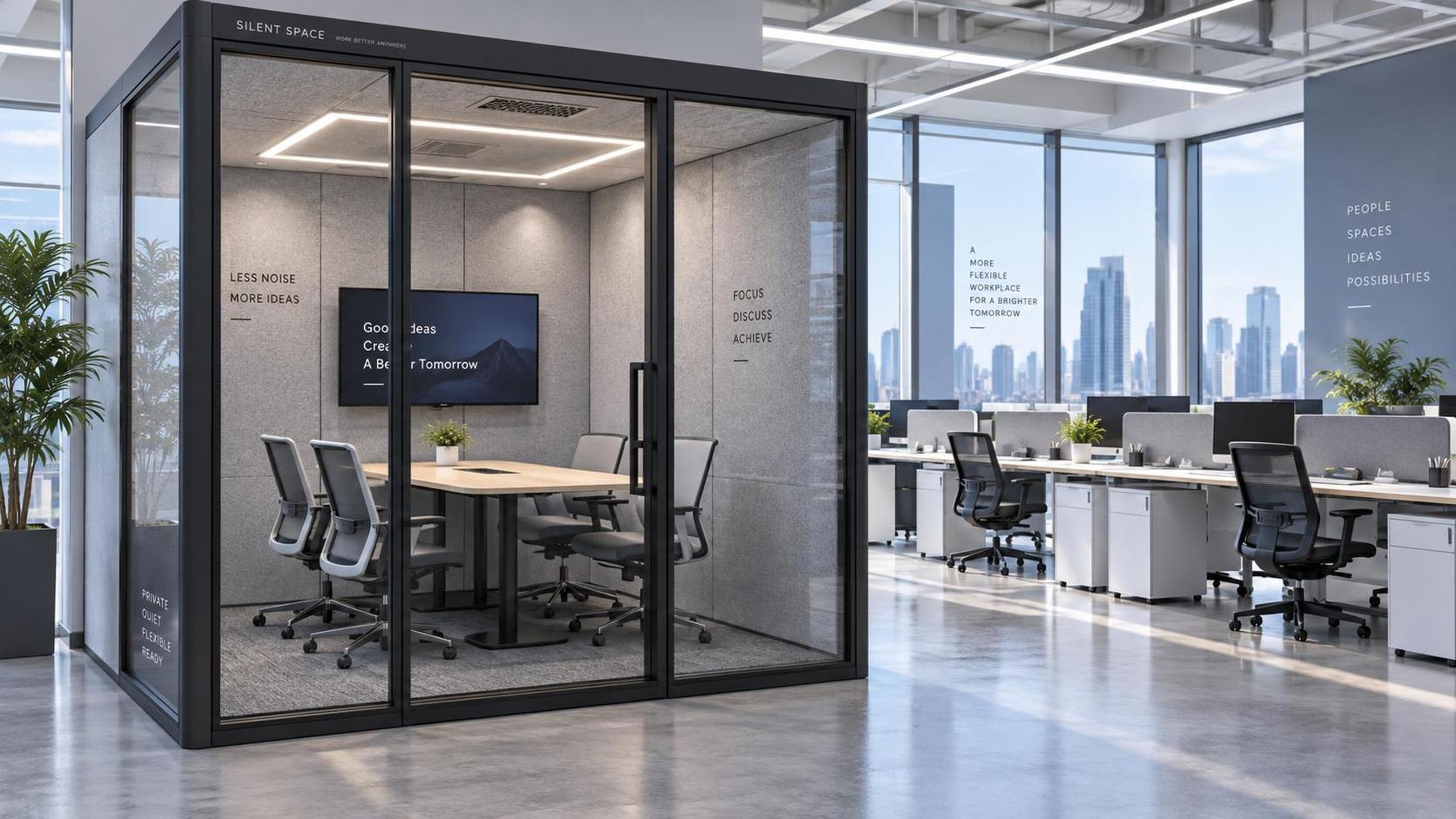 Auswahl vorgefertigter Büro-Pods für private Besprechungen in Großraumbüros