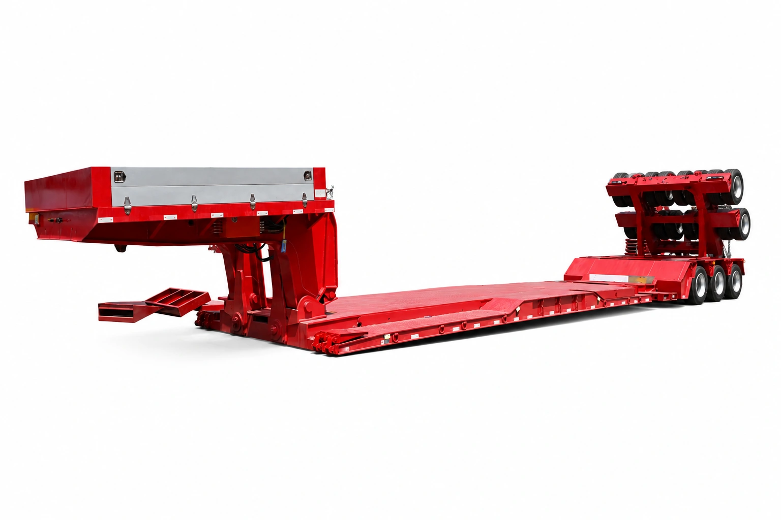 Mehrachsiger hydraulischer Tieflader mit abnehmbarem Schwanenhals und anhebbaren Hinterachsen Mehrachsiger hydraulischer Tieflader mit abnehmbarem Schwanenhals und anhebbaren Hinterachsen