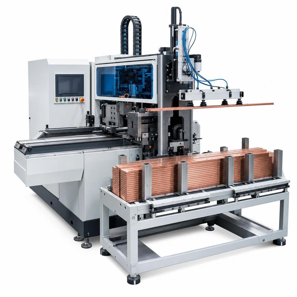 Ligne de production de jeux de barres CNC : système automatique de chargement et de déchargement des jeux de barres + poinçonnage et cisaillage des jeux de barres