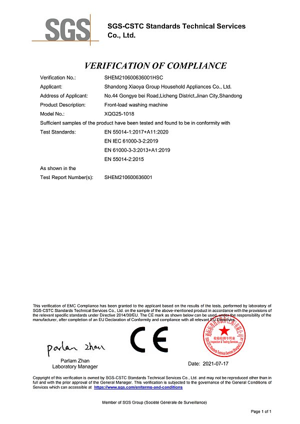 Certification CE XQG25-1018_01