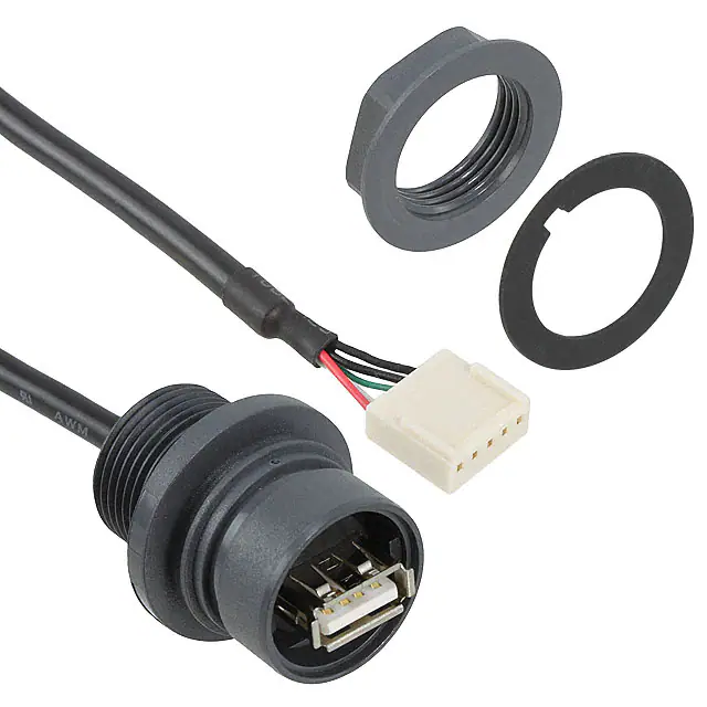 USB-Typ-A-Steckverbinder mit IP-Schutzklasse. Bedrahtet mit 5-Wege-Crimp-Anschlusskabelkonfektion USB-Typ-A-Steckverbinder mit IP-Schutzklasse. Bedrahtet mit 5-Wege-Crimp-Anschlusskabelkonfektion