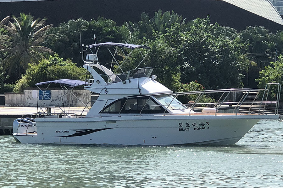 Barco de pesca deportiva de crucero con fly de fibra de vidrio de 36 pies a la venta