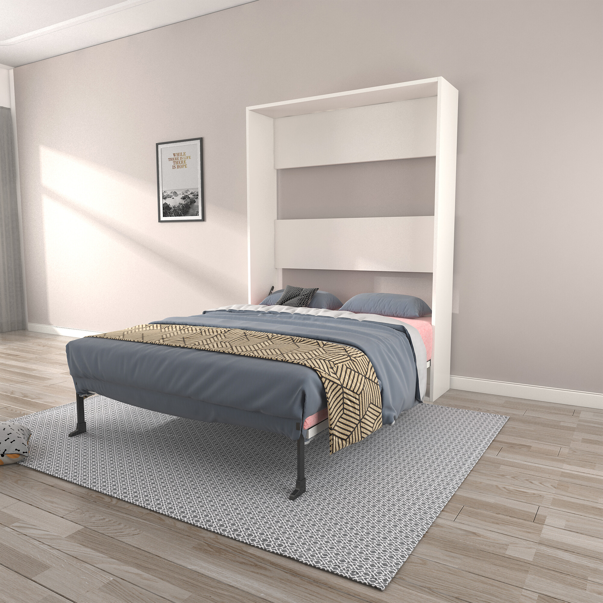 Cama plegable de madera moderna, cama grande con almacenamiento para montar en la pared, plegable para uso en el dormitorio del apartamento