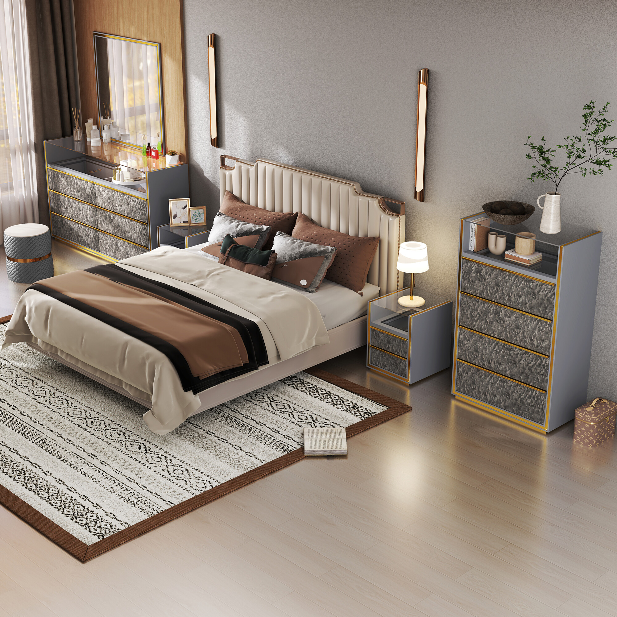 Utiliza cuatro muebles altos (cama, mesilla de noche, cómoda y armario) para realzar la sensación de amplitud del dormitorio.