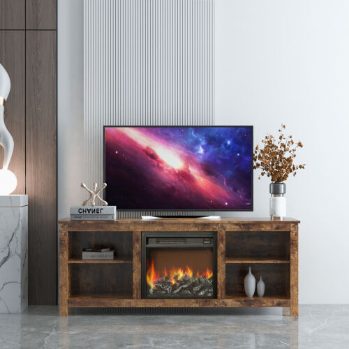 Mueble de TV clásico con 4 cubículos para chimenea, roble oscuro rústico