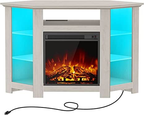 Mueble esquinero para TV con chimenea, centro de entretenimiento para sala de estar, color blanco