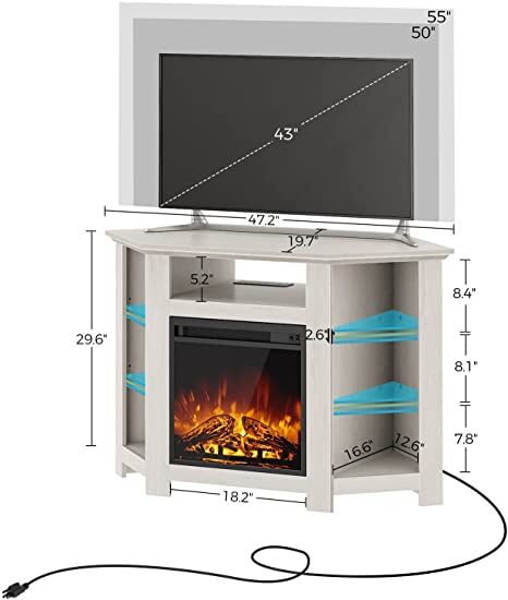 Mueble esquinero para TV con chimenea, centro de entretenimiento para sala de estar, color blanco