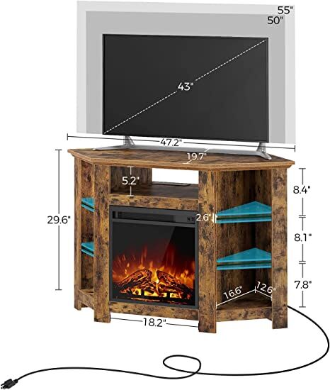 Mueble esquinero para TV con chimenea, centro de entretenimiento para sala de estar, marrón rústico