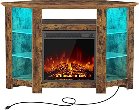 Mueble esquinero para TV con chimenea, centro de entretenimiento para sala de estar, marrón rústico