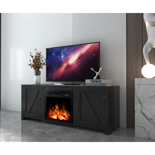 Soporte de TV para chimenea, consola multimedia de centro de entretenimiento de madera con almacenamiento, negro