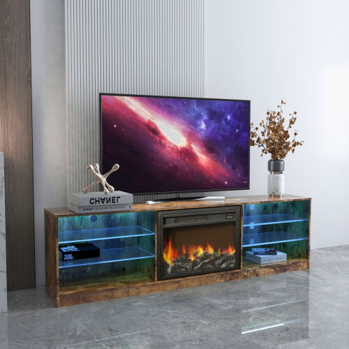 Consola de TV con chimenea eléctrica, roble oscuro rústico