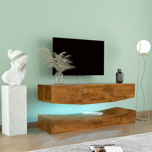 Mueble de TV de MDF MONTADO EN LA PARED con tres cajones y luces LED, nogal