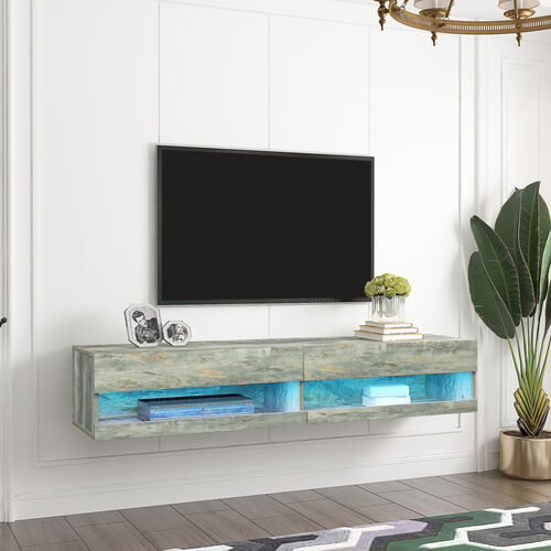 180 Mueble de TV flotante de 80" para montaje en pared con 20 LED de color gris