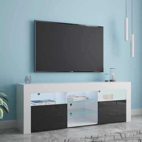 Soporte moderno para TV de 57" con cuerpo mate y frentes de alto brillo con 16 LED de color, blanco/negro