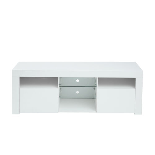 Soporte moderno para TV de 57 pulgadas con cuerpo mate y frentes de alto brillo con 16 LED de colores, blanco