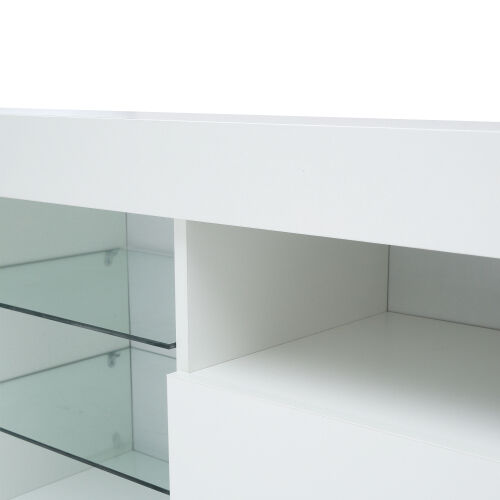 Soporte moderno para TV de 57 pulgadas con cuerpo mate y frentes de alto brillo con 16 LED de colores, blanco