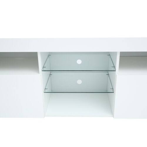 Soporte moderno para TV de 57 pulgadas con cuerpo mate y frentes de alto brillo con 16 LED de colores, blanco