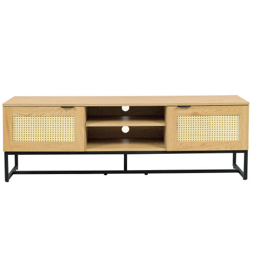 60 pulgadas de ancho con marco de tableros de MDF y adorno de ratán artificial con soporte de hierro para televisores de hasta 65 pulgadas.