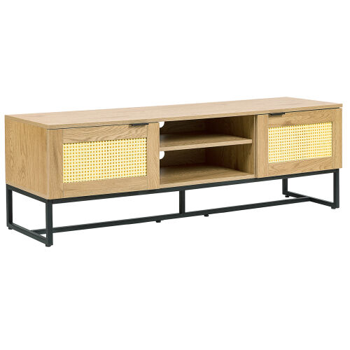 60 pulgadas de ancho con marco de tableros de MDF y adorno de ratán artificial con soporte de hierro para televisores de hasta 65 pulgadas.