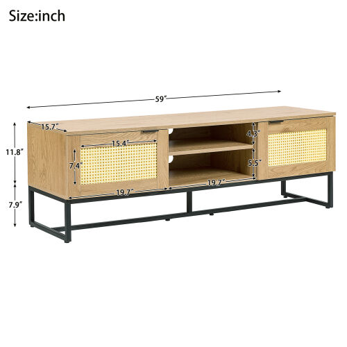 60 pulgadas de ancho con marco de tableros de MDF y adorno de ratán artificial con soporte de hierro para televisores de hasta 65 pulgadas.