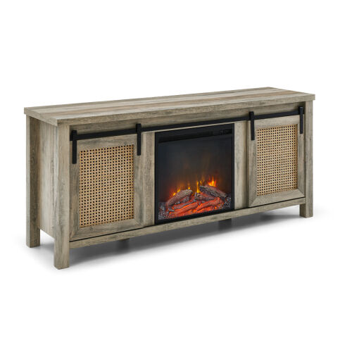 Mueble de mimbre para televisores de hasta 65" con chimenea eléctrica, gris