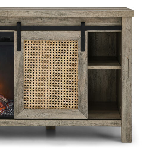 Mueble de mimbre para televisores de hasta 65" con chimenea eléctrica, gris