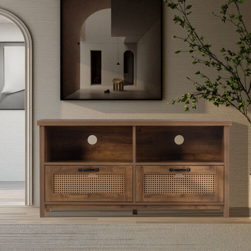 Mueble de TV con un tamaño máximo de 55 pulgadas, puerta de gabinete de ratán, diseño de riel deslizante