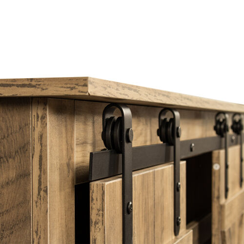 Soporte para TV con puerta de granero corrediza Farmhouse para TV de hasta 65 pulgadas, roble