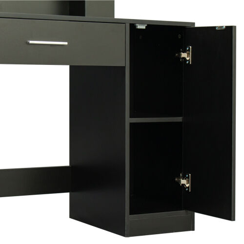 Mesa de maquillaje rectangular con espejo, estantes abiertos, para dormitorio, negro