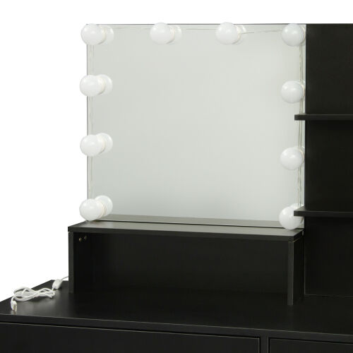 Mesa de maquillaje rectangular con espejo, estantes abiertos, para dormitorio, negro