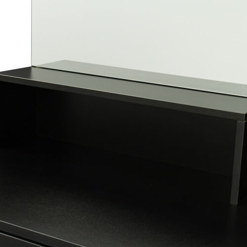 Mesa de maquillaje rectangular con espejo, estantes abiertos, para dormitorio, negro
