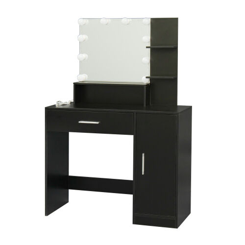 Mesa de maquillaje rectangular con espejo, estantes abiertos, para dormitorio, negro
