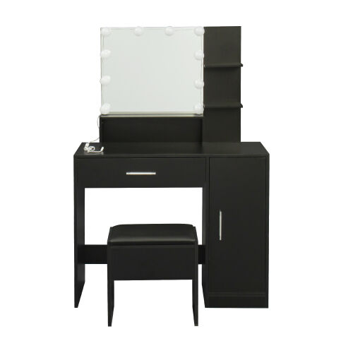 Mesa de maquillaje rectangular con espejo, estantes abiertos, para dormitorio, negro