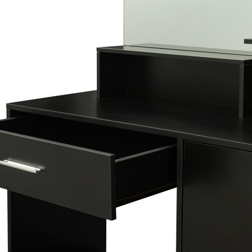 Mesa de maquillaje rectangular con espejo, estantes abiertos, para dormitorio, negro