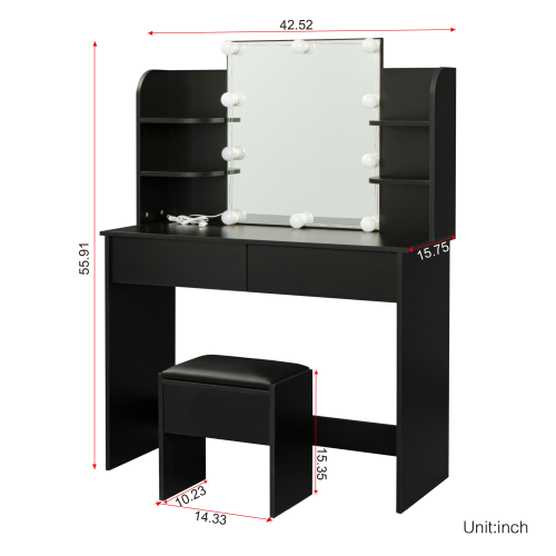 Mesa de maquillaje rectangular con espejo, bombilla de 10 lámparas, para dormitorio, negro