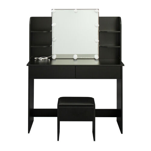 Mesa de maquillaje rectangular con espejo, bombilla de 10 lámparas, para dormitorio, negro