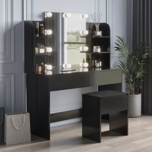 Mesa de maquillaje rectangular con espejo, bombilla de 10 lámparas, para dormitorio, negro
