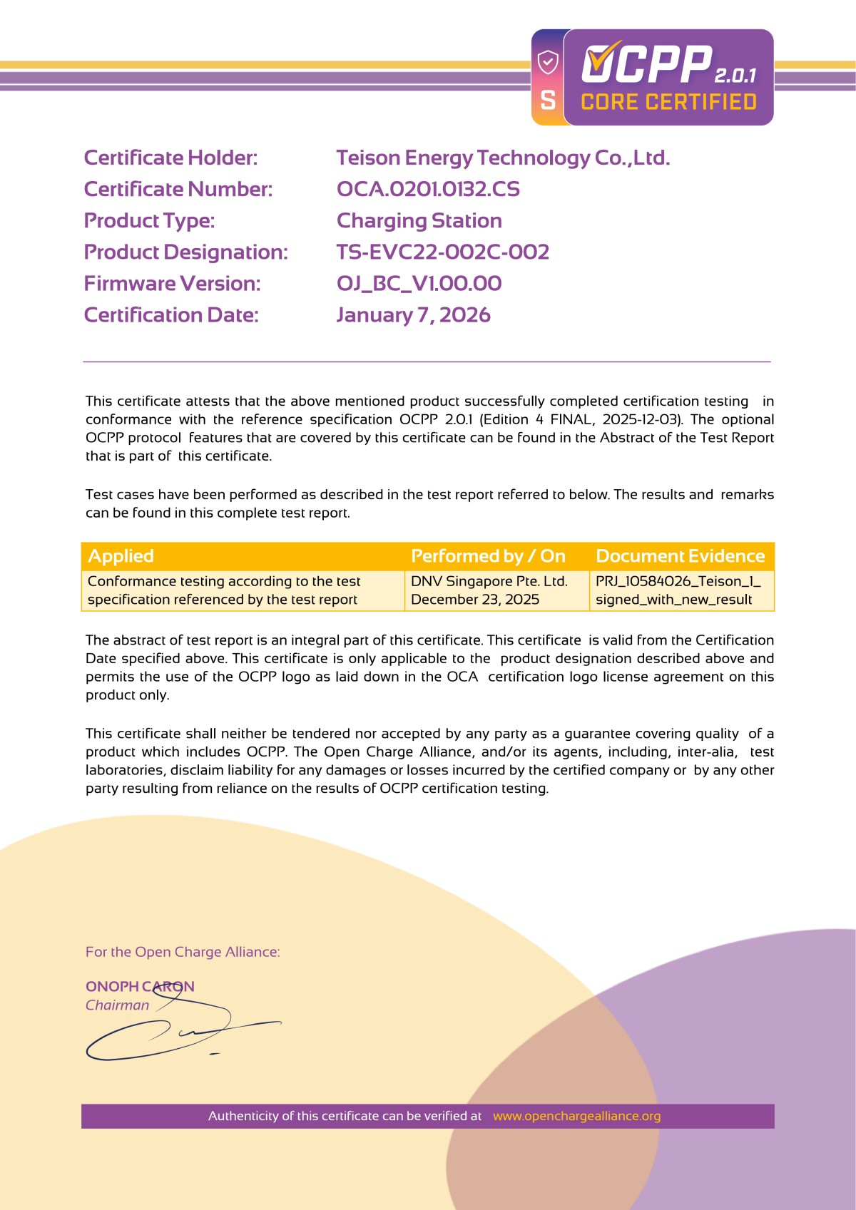 Teison ha superato con successo la verifica OCPP 2.0.1 di OCA.