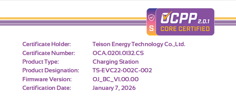 Teison heeft met succes de OCA OCPP 2.0.1-verificatie doorstaan.