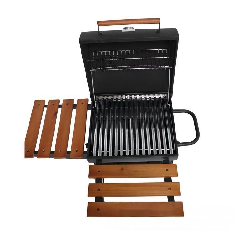 Trolley Smoker Charcoal Grill with wooden table