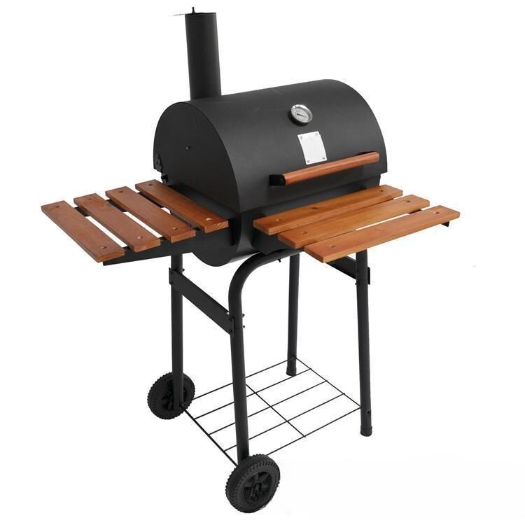 Trolley Smoker Charcoal Grill with wooden table