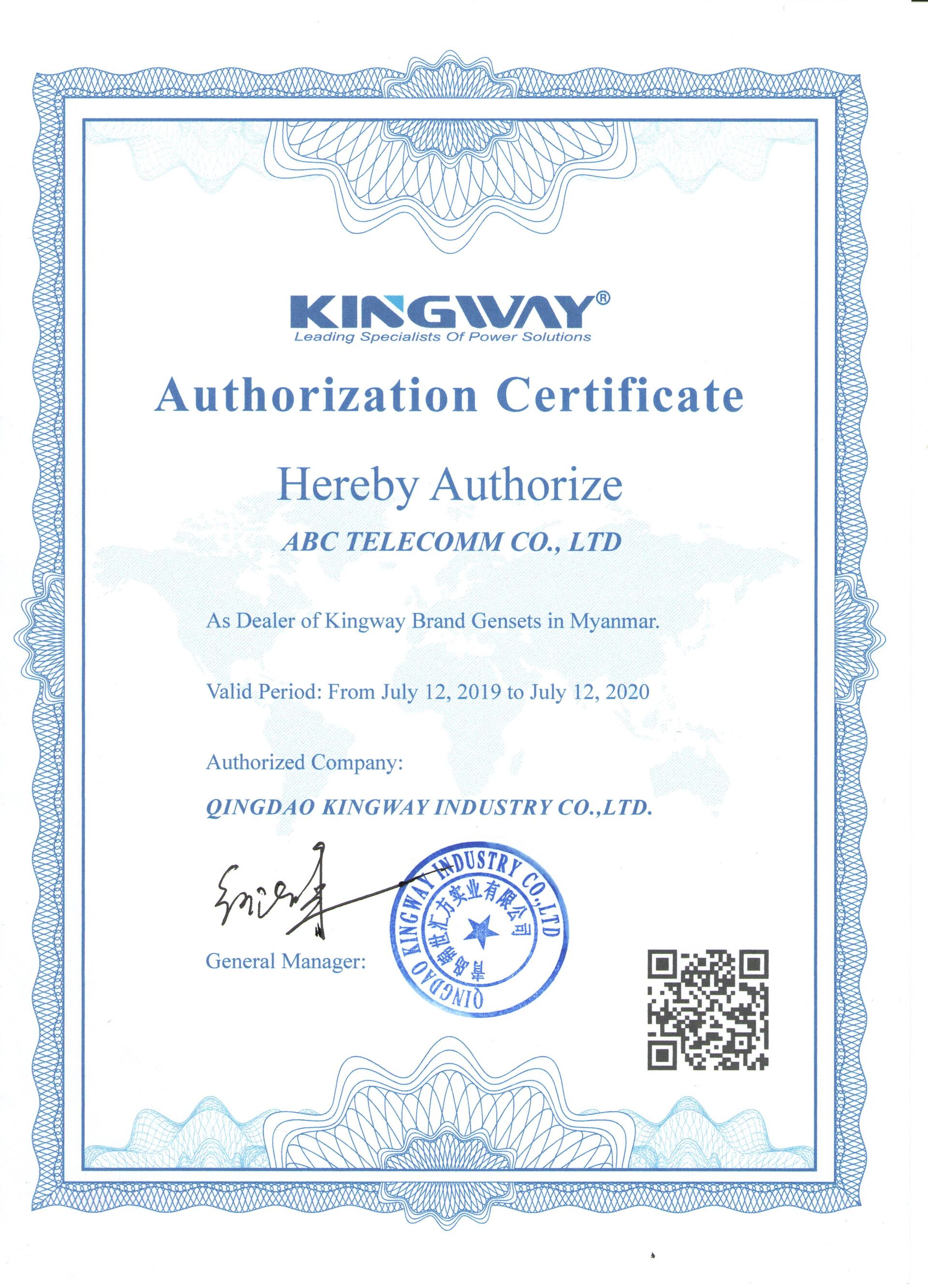 Revendedor autorizado de geradores de marca Kingway em Mianmar