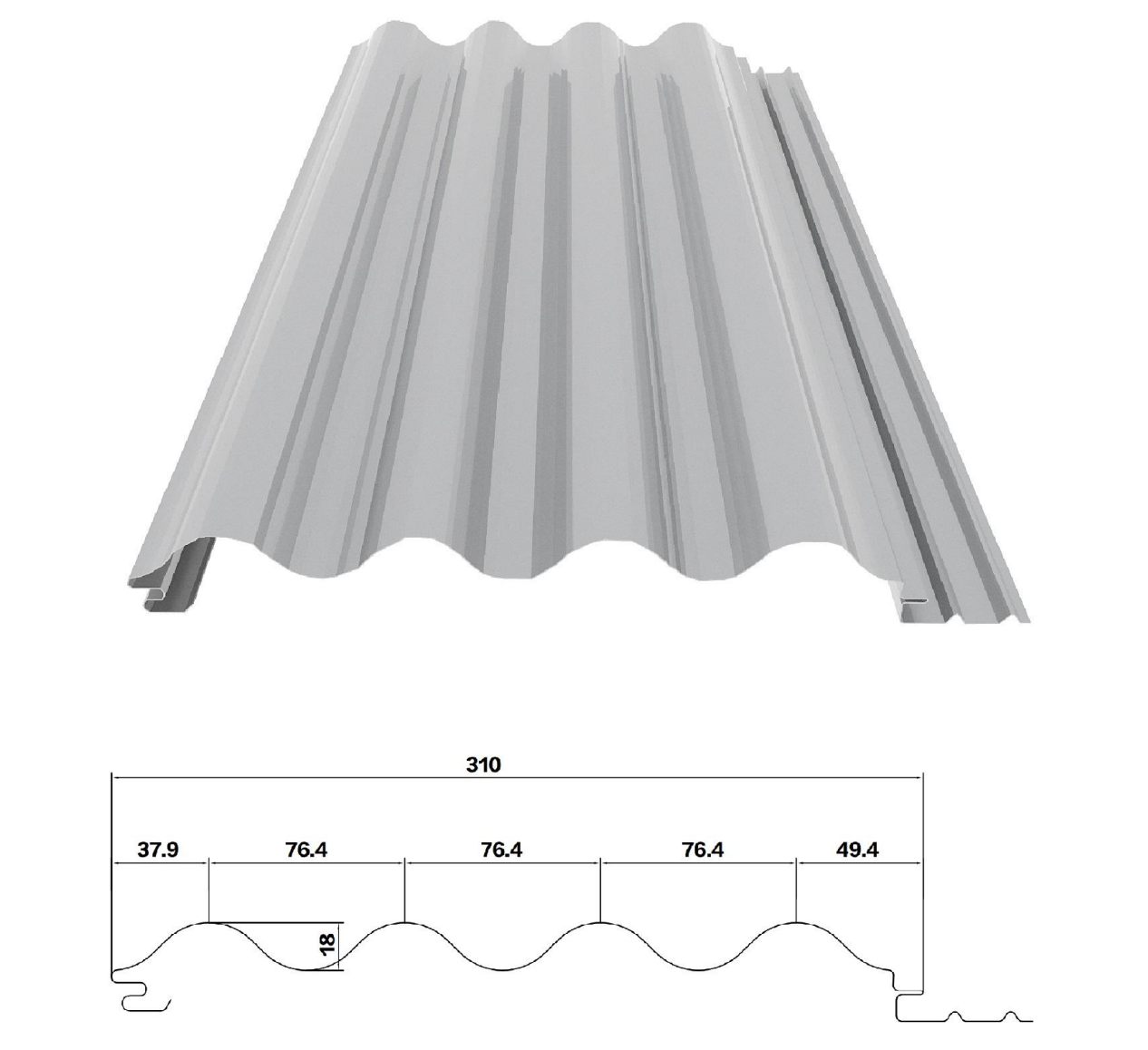 YX18-76.4-310 /Color recubierto de chapa de acero corrugado /PPGI Hoja de acero para techos de tejas