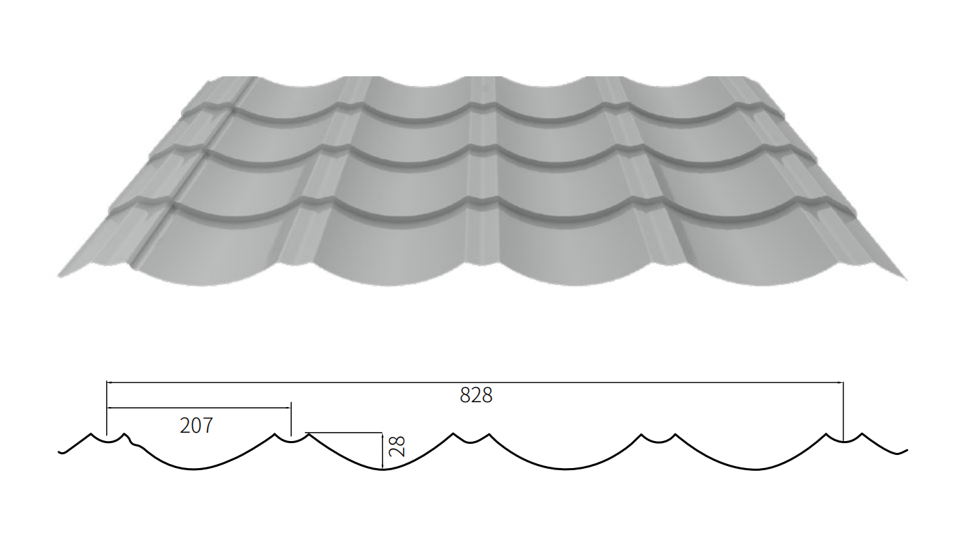 YX28-207-828(Teja de arco de esmalte de color) /Color recubierto de chapa de acero corrugado /PPGI Hoja de acero para techos de tejas