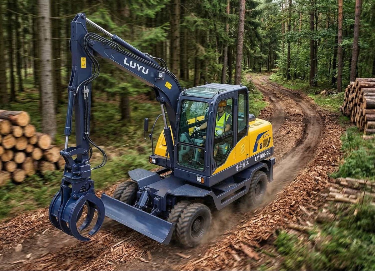 Radbagger mit Holzgreifer