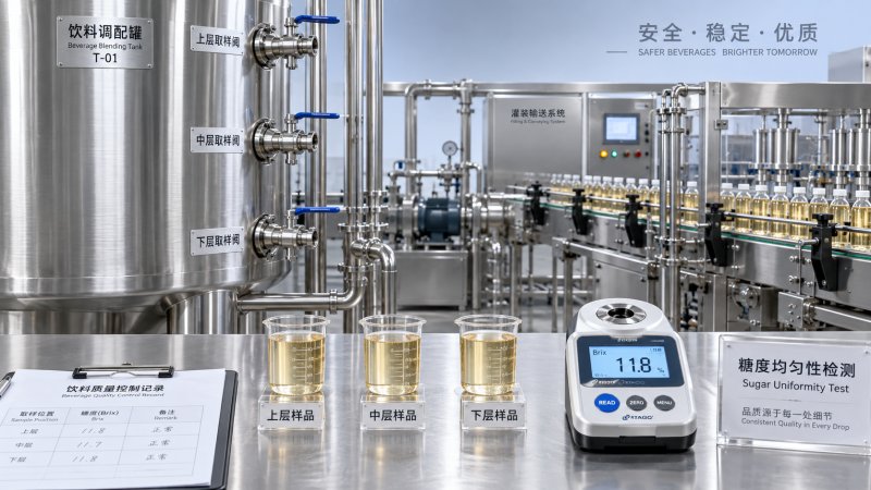 Blending Tank Sampling: Checking Brix Uniformity Before Bottling Probenahme im Mischtank: Brix-Gleichmäßigkeit vor der Abfüllung prüfen