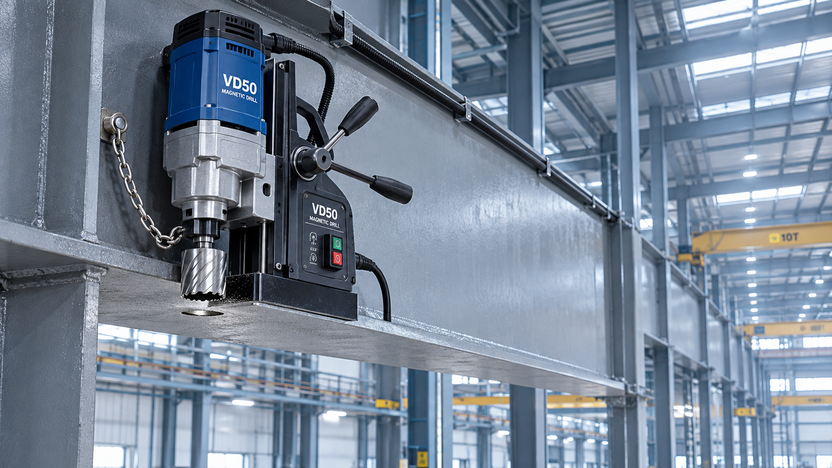 Is the Magnetic drill VD50 suitable for overhead drilling on steelwork? A furadeira magnética VD50 é adequada para perfuração suspensa em estruturas de aço?