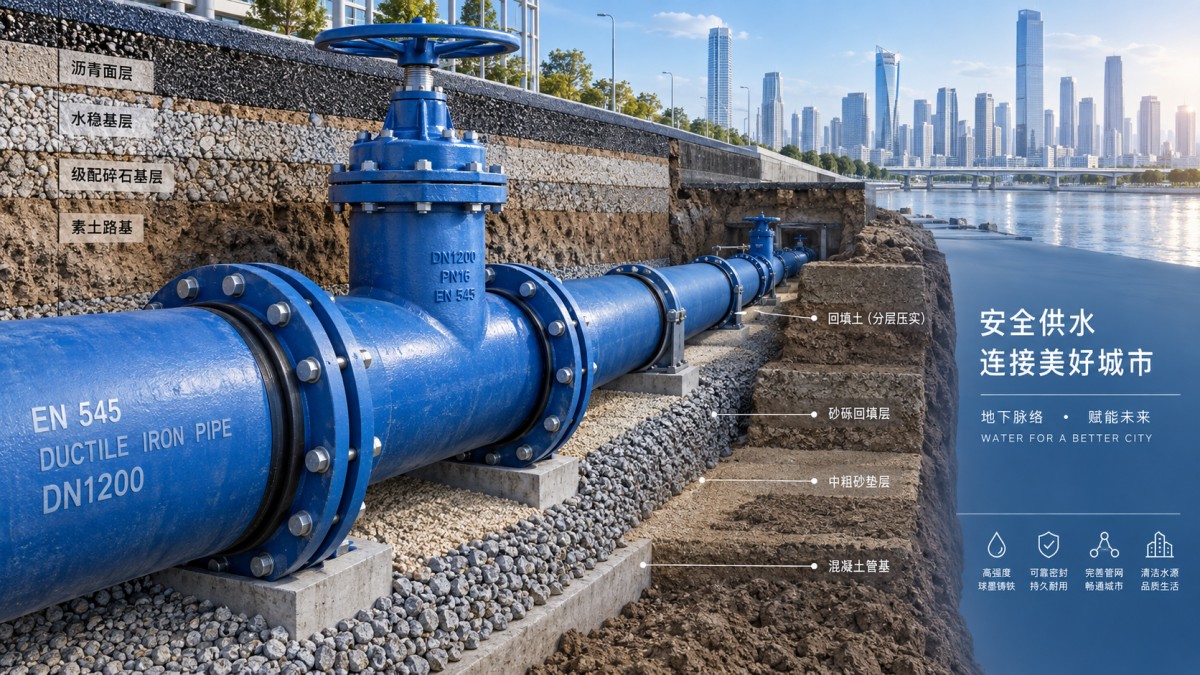 Welke drukklasse voor EN 545-buizen van nodulair gietijzer is geschikt voor een stedelijke waterleiding?