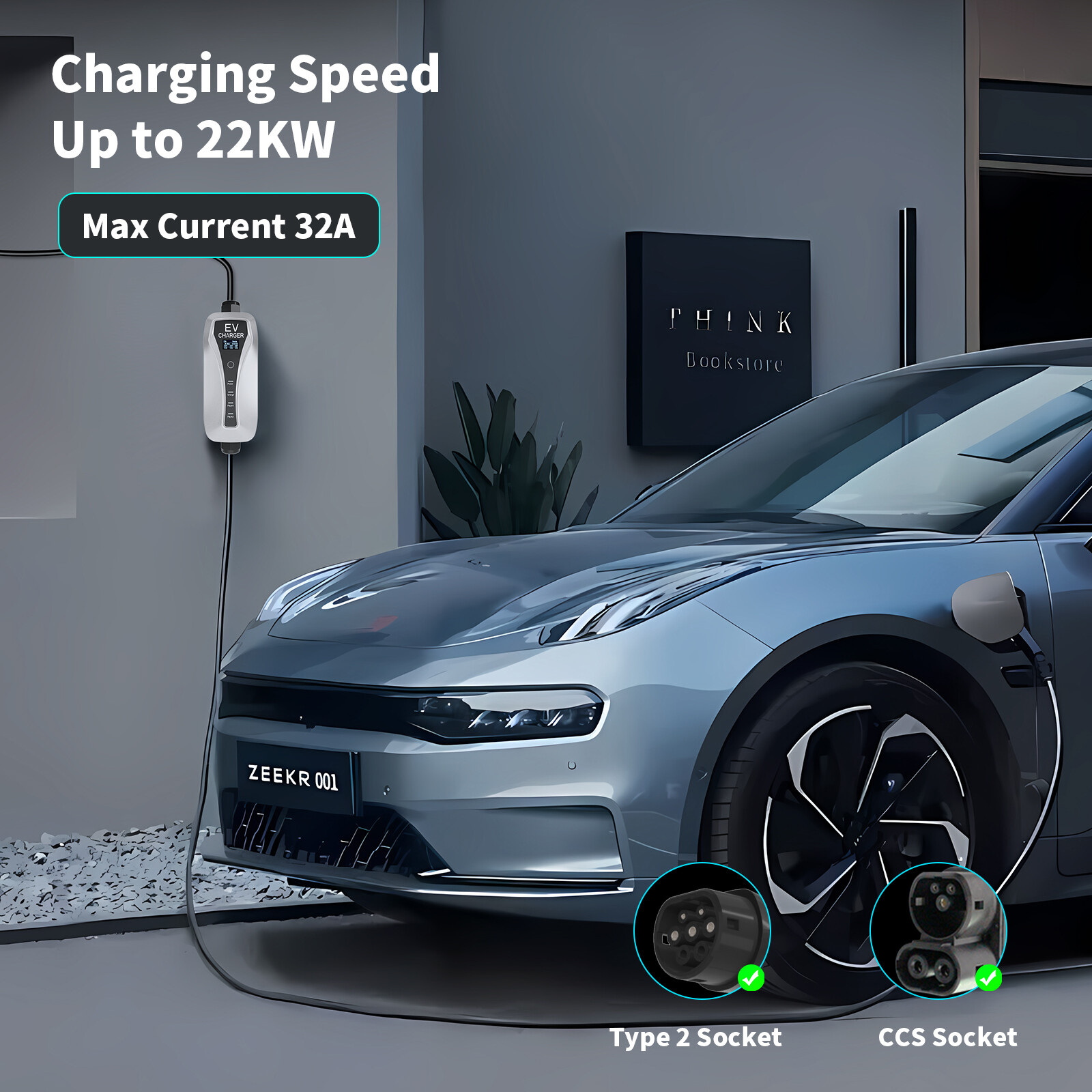 شاحن محمول للسيارات الكهربائية Type 2 بقدرة 22kw ثلاثي الطور